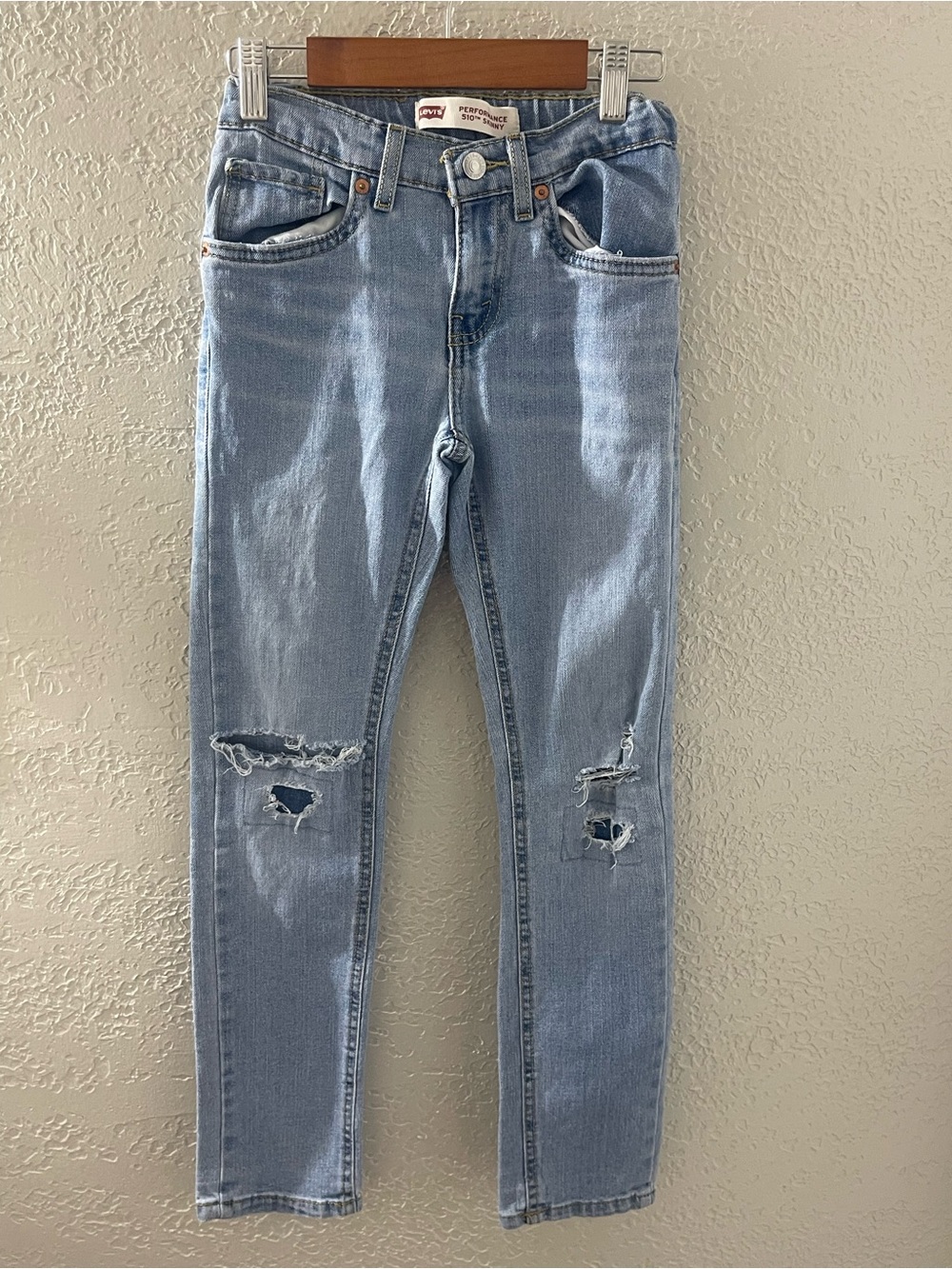 Levi's 510 Skinny Light Blue Distressed Denim Jeans Adjustable Waist 10 Regular